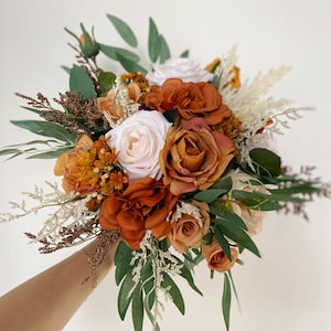 Rust and Sage Green Wedding Bridal n Bridesmaid Bouquet, Burnt Orange & Ivory White Pampas Bouquet, Fall Rustic Silk Flower Wedding Bouquet image 4