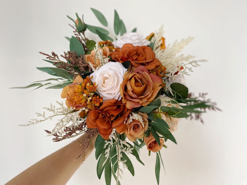 Rust and Sage Green Wedding Bridal n Bridesmaid Bouquet, Burnt Orange & Ivory White Pampas Bouquet, Fall Rustic Silk Flower Wedding Bouquet image 4