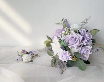 Lavender rose wedding bouquet, Lavender wedding flowers, Spring bridal bouquet bridesmaid bouquet, Lavender & white wedding silk flowers