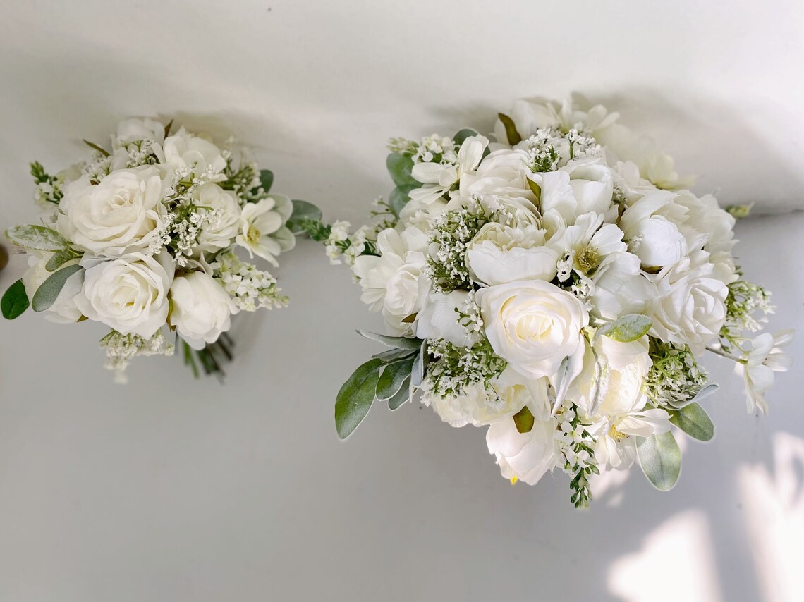 White Rose & Peony Wedding Bouquet W Baby's Breath White Etsy