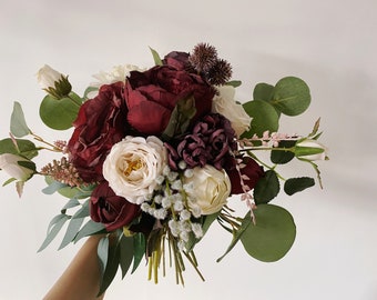 Burgundy & Ivory White Wedding Bouquet, Fall Wedding/Winter Bridal/Bridesmaid Bouquet, Small Silk Flower Bouquet, Boho Wedding Bouquet