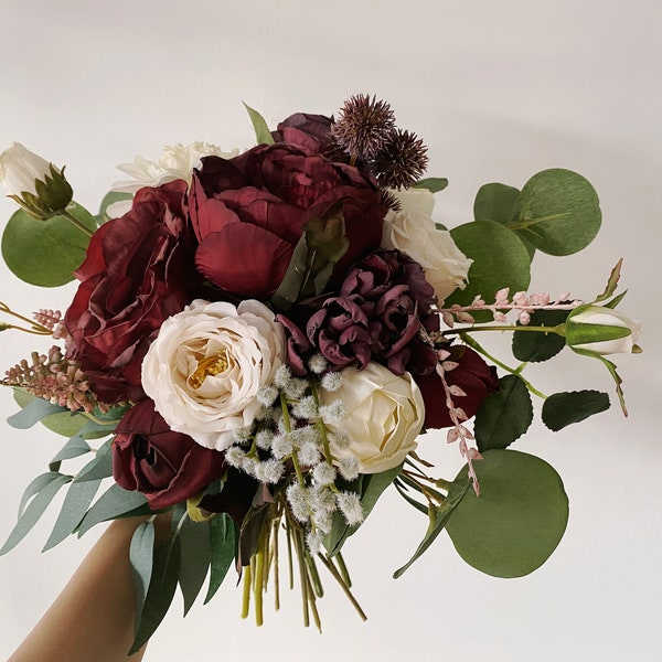 Burgundy & Ivory White Wedding Bouquet, Fall Wedding/Winter Bridal/Bridesmaid Bouquet, Small Silk Flower Bouquet, Boho Wedding Bouquet