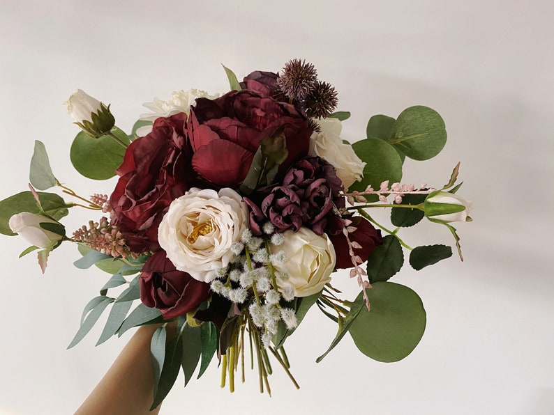 Burgundy & Ivory White Wedding Bouquet, Fall Wedding/Winter Bridal/Bridesmaid Bouquet, Small Silk Flower Bouquet, Boho Wedding Bouquet image 1