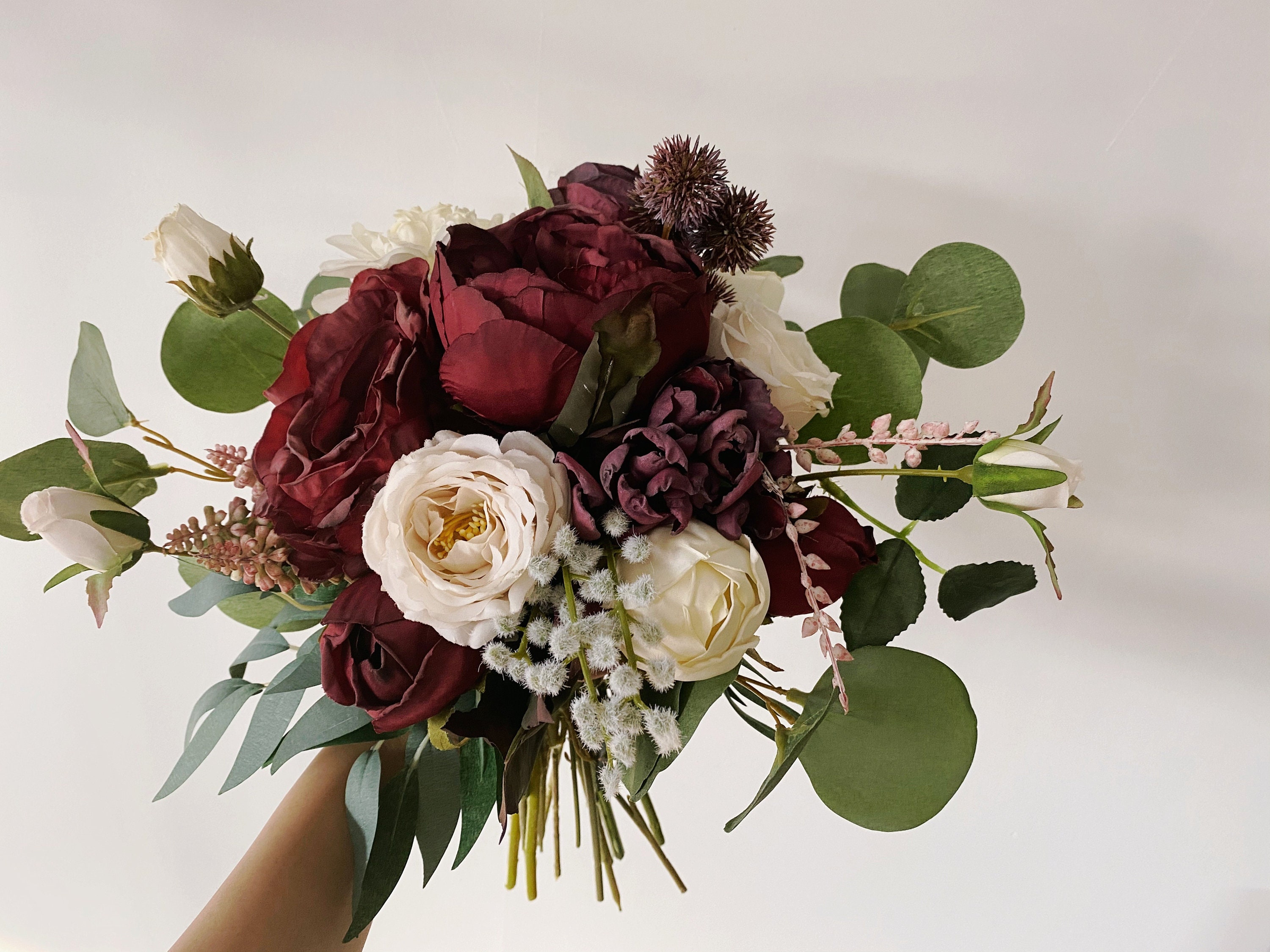 Watercolor Winter Floral Bouquet Burgundy Rose White Flowers
