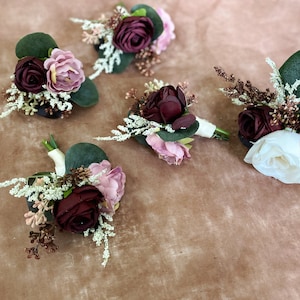 Burgundy, Dusty Rose, Ivory White Wedding Boutonniere for the Groom and Groomsmen, Silk Flower Boutonniere, Groom and Groomsmen Flower
