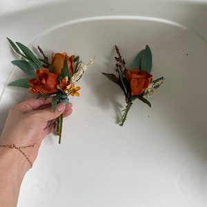 Rust and Sage Green Wedding Bridal n Bridesmaid Bouquet, Burnt Orange & Ivory White Pampas Bouquet, Fall Rustic Silk Flower Wedding Bouquet boutonniere