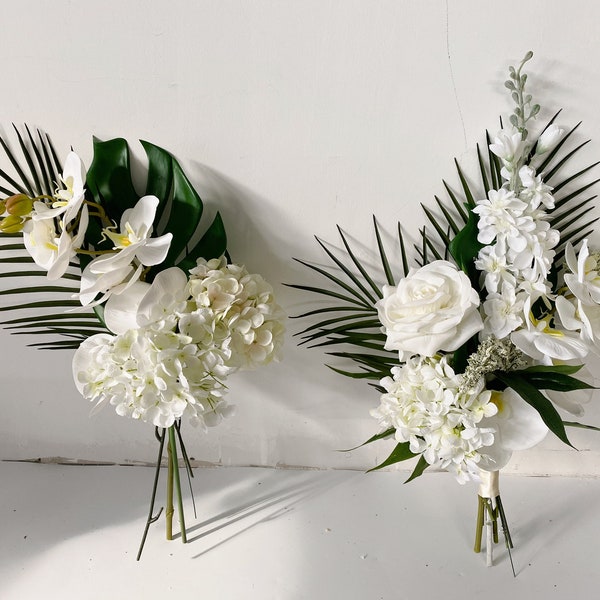 Rose blanche, orchidée, Monstera, bouquet de Delphinium, bouquet de mariée/demoiselle d'honneur blanche et verte, bouquet de fleurs de soie de mariage tropical/été/printemps