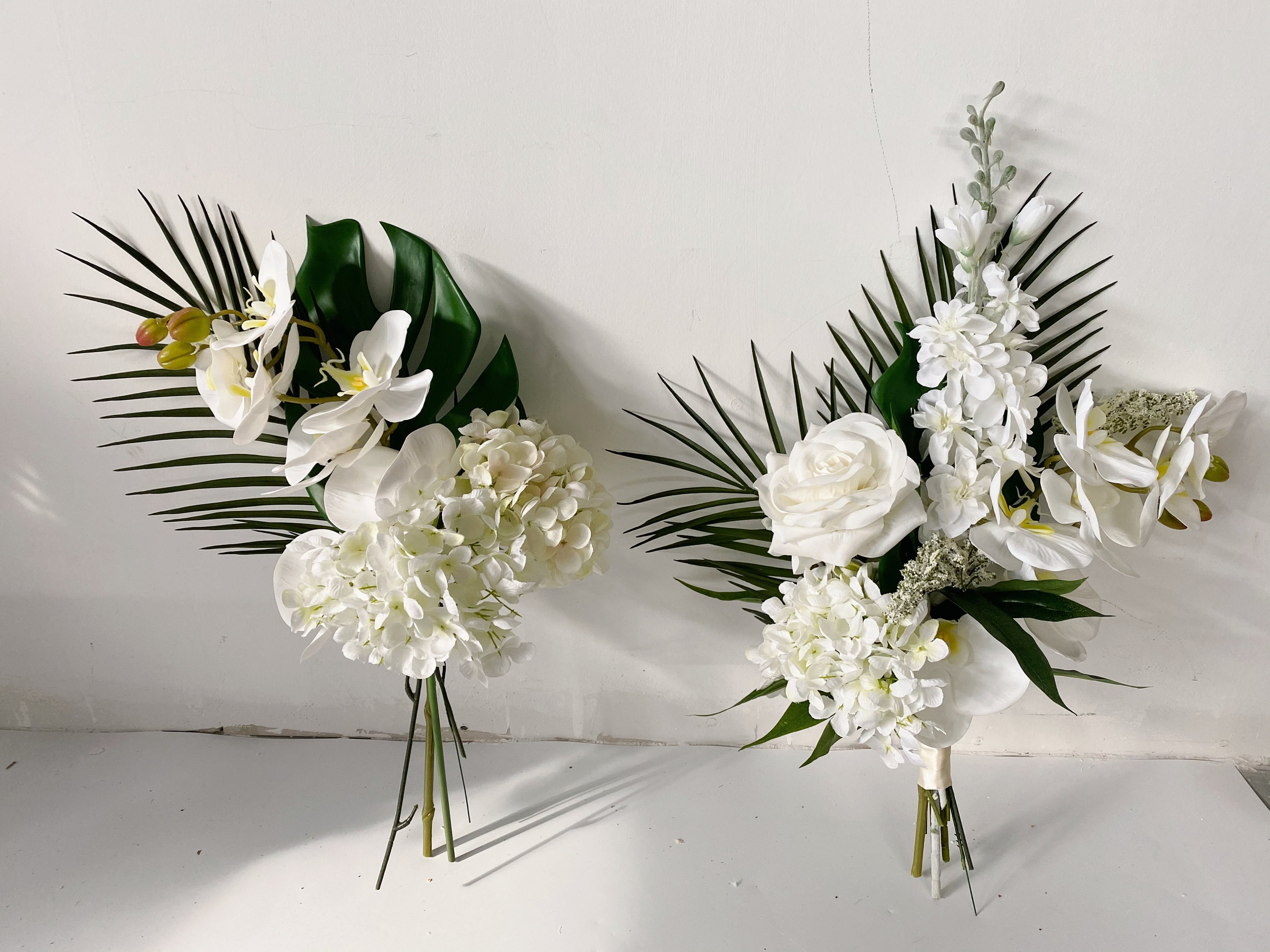 White Rose, Orchid, Monstera, Delphinium Bouquet, White \u0026 Green Bridal/bridesmaid  Bouquet,tropical/summer/spring Wedding Silk Flower Bouquet - Etsy, image size:3000x2250