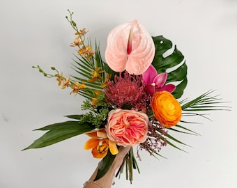 Tropical Wedding Bouquets w Peach Pink Orange Colors, Summer Wedding Bridal Bridesmaid Bouquets, Tropical Wedding Faux Flower Bouquet