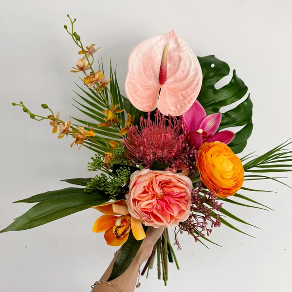 Tropical Wedding Bouquets w Peach Pink Orange Colors, Summer Wedding Bridal Bridesmaid Bouquets, Tropical Wedding Faux Flower Bouquet