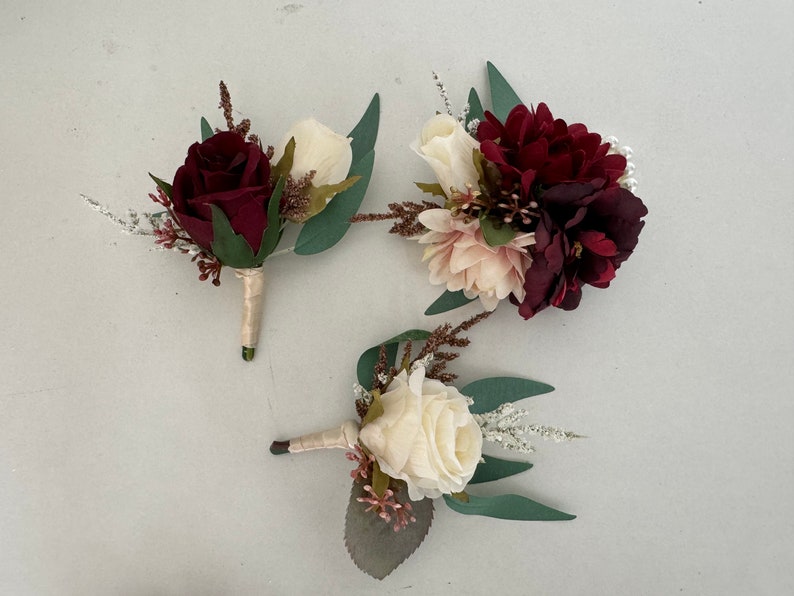 Burgundy & Ivory White Rose and Eucalyptus Wedding Bouquet, Burgundy Wedding Flower, Burgundy Silk Flower Wedding, Bridal Bridesmaid Bouquet image 10