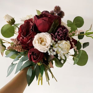 Burgundy & Ivory White Wedding Bouquet, Fall Wedding/Winter Bridal/Bridesmaid Bouquet, Small Silk Flower Bouquet, Boho Wedding Bouquet image 4