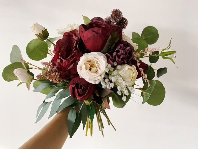 Burgundy & Ivory White Wedding Bouquet, Fall Wedding/Winter Bridal/Bridesmaid Bouquet, Small Silk Flower Bouquet, Boho Wedding Bouquet image 4