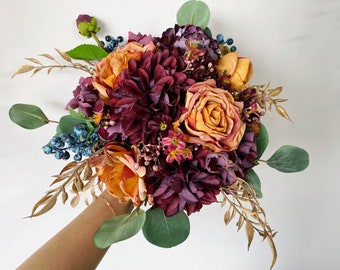 Burnt Orange, Burgundy & Plum Wedding Bouquet, Fall Wedding Bouquet, Autumn Bridal Bouquet, Bridesmaid Bouquet, Fall Silk Flower Bouquet