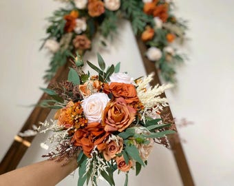 Burnt Orange & Ivory White Pampas Bouquet, Rust and Sage Green Wedding Bridal n Bridesmaid Bouquet, Fall Rustic Silk Flower Wedding Bouquet