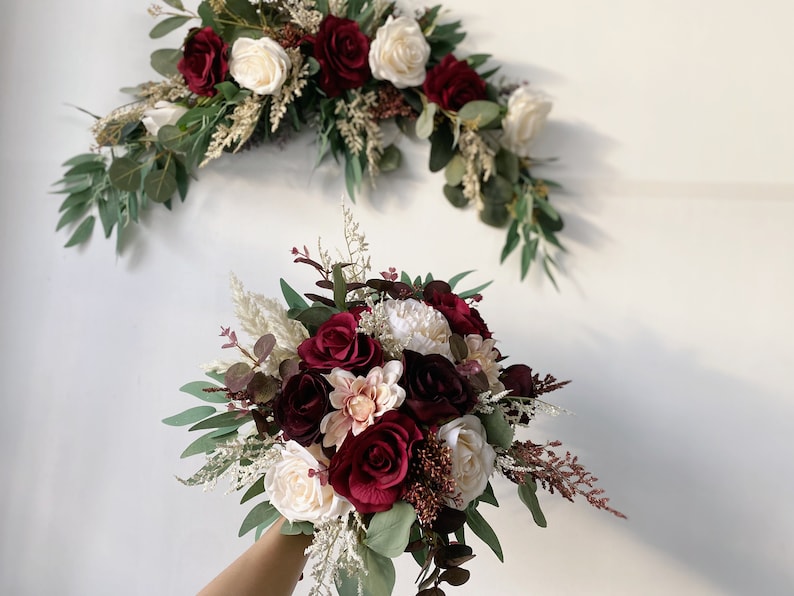 Burgundy & Ivory White Rose and Eucalyptus Wedding Bouquet, Burgundy Wedding Flower, Burgundy Silk Flower Wedding, Bridal Bridesmaid Bouquet image 5