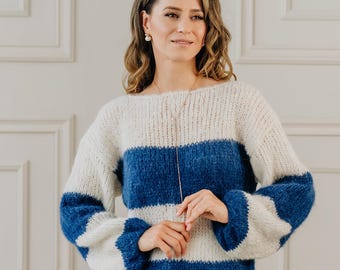 Alpaca Sweater Blue Pullover Oversized Sweater Alpaca Pullover Striped Sweater Alpaca Wool Jumper Blue Sweater Alpaca Wool Pullover
