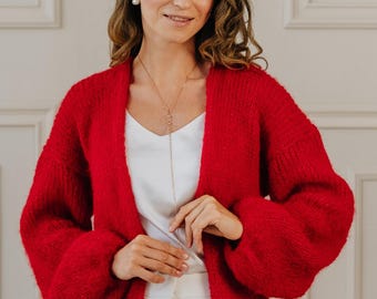 Alpaca Cardigan Red Sweater Merino Wool Cardigan Alpaca Sweater Women Red Pullover Chunky Knit Sweater Red Cardigan Fluffy Sweater