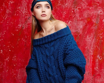 Pull en maille épaisse pour femme, pull surdimensionné, pull bohème, pull en tricot bleu, pull au crochet, pull épais