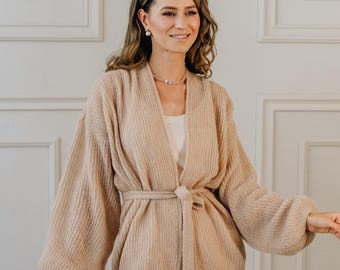 Alpaca Cardigan Beige Sweater Women Alpaca Jacket Beige Cardigan Women Belted Jacket Alpaca Sweater Wedding Cardigan Bridal Sweater
