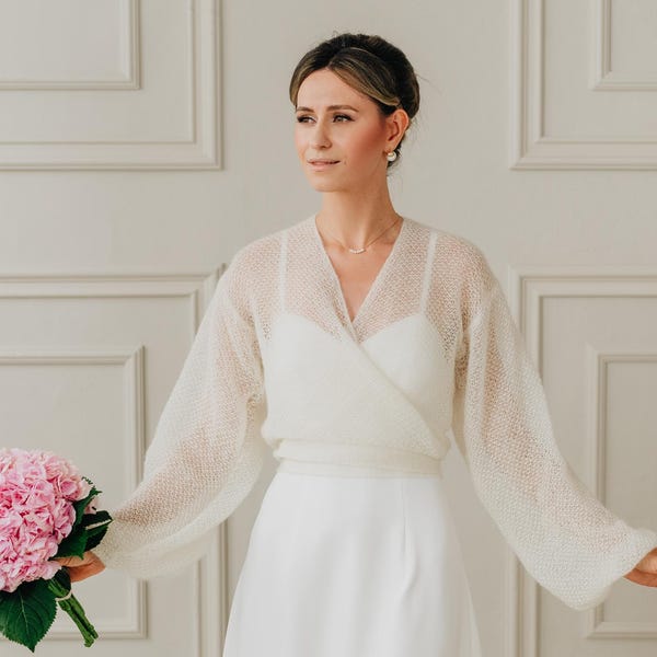 Chaqueta de boda Cárdigan blanco Suéter de mohair Bolero de novia Cárdigan de boda Chaqueta blanca Pareo de novia Capa de boda Suéter calado