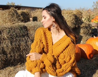 Orange Bomber Jacket Chunky Knit Cardigan Chunky Cardigan Kimono Cardigan Bubble sweater Orange Kimono Jacket Crochet Cardigan