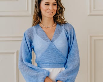 Wedding Jacket Blue Cardigan Mohair Sweater Bridal Bolero Wrap Wedding Cardigan White Jacket Bridal Cover up Wedding Cape Openwork Sweater