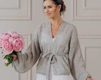Alpaca Cardigan Gray Sweater Women Wedding Shrug Bolero Alpaca Sweater Wedding Coat Belted Cardigan Bridal Jacket Bolero