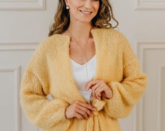 Alpaca Cardigan Belted Jacket Yellow Sweater Women Merino Wool Cardigan Alpaca Sweater Women Cocoon Cardigan Alpaca Jacket Yellow Cardigan