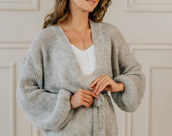 Alpaca Cardigan Gray Bomber Jacket Alpaca Sweater Gray Knitted Coat Belted Cardigan Cocoon Jacket Wedding Cardigan Bridal Sweater