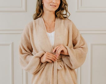 Alpaca Cardigan Beige Sweater Women Alpaca Jacket Beige Cardigan Women Belted Jacket Alpaca Sweater Wedding Cardigan Bridal Sweater