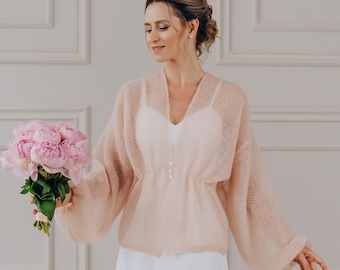 Bridal Cardigan Beige Mohair Sweater Wedding Jacket Coat Bridal Cover up Openwork Sweater Mohair Cardigan Wedding Wrap Bolero