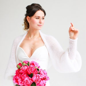 Boléro en mohair blanc Châle de mariée blanc Boléro en mohair blanc Cape de mariée blanche Veste de mariée Pull de mariée