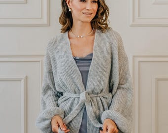 Alpaca Cardigan Gray Bomber Jacket Alpaca Sweater Gray Knitted Coat Belted Cardigan Cocoon Jacket Wedding Cardigan Bridal Sweater