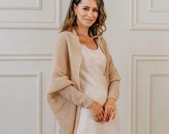 Alpaca Sweater Beige Wrap Cardigan Alpaca Poncho Bridal Jacket Beige Cardigan Wedding Wrap Alpaca Cardigan Cocoon Shrug