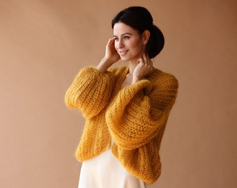 Mohair Cardigan Women Bridal Shrug Bolero Wool Jacket Women Mohair Sweater Orange Knitted Coat Wedding Cardigan