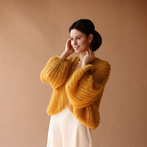 Cardigan en mohair pour femme Boléro de mariée en laine Veste en laine pour femme Pull en mohair orange Manteau en tricot Cardigan de mariage image 1