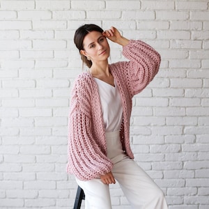 Giacca rosa da donna, cardigan oversize, maglione di lana, cappotto da donna, giacca bomber rosa immagine 2