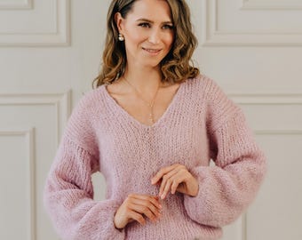 Alpaca Sweater Pink Pullover V-Neck Sweater Alpaca Wool Jacket Merino Sweater Bridal Pullover Chunky Sweater Alpaca Pullover Pink Sweater