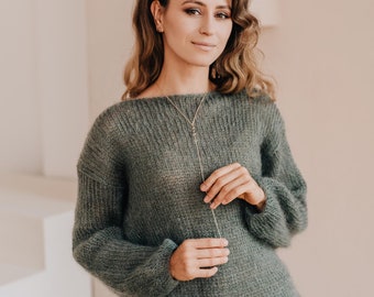 Green Sweater Women Mohair Pullover Oversized Sweater Mohair Wool Sweater Wedding Pullover Soft Sweater