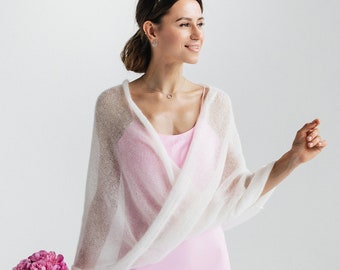 Chandail de mariage châle blanc, haussement d'épaules de mariée, pull en dentelle et mohair, boléro de mariée, couvre-chef en mohair, cape de mariage, châle