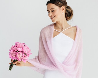 Cape de mariée, châle, haussement d'épaules en dentelle rose, cachemire en mohair, boléro de mariée, pull en mohair, cachemire rose, châle en mohair