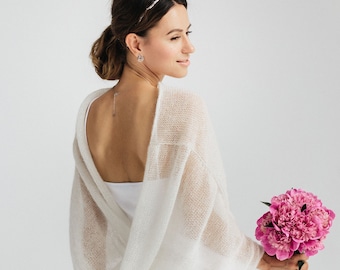 Chal de boda blanco, encogimiento de hombros para novia, Poncho de Mohair blanco, chal de encaje blanco, capa de Mohair blanca, estola de boda blanca