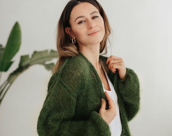 Green Women Cardigan Green Mohair Sweater Wool Cardigan Green Mohair Jacket Bomber Cardigan Green Wool Coat