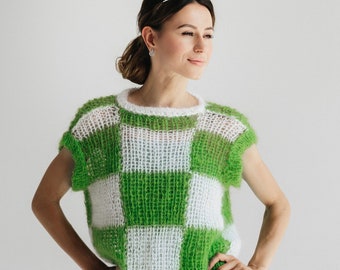 Green Sweater Vest Mohair Sweater Green Knitted Vest Chess Board Sweater Green Jumper Green Wool Vest Multicolor Sweater