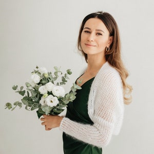 Boléro blanc en mohair pour femme, veste de mariage pour femme, boléro de mariée blanc, haussement d'épaules blanc, cape de mariage blanche en mohair image 1