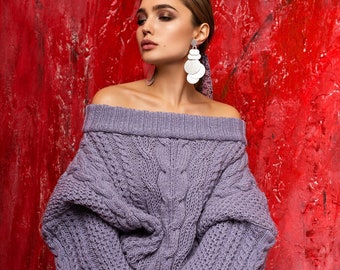 Cable Knit Sweater Off The Shoulder Purple Jumper Oversized Sweater Beige Knitted Blouse