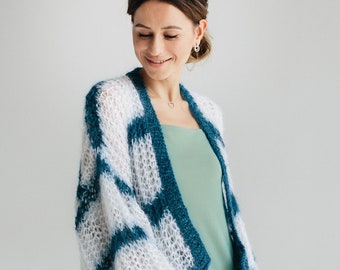 Cardigan en mohair Pull en mohair blanc Cardigan à rayures Veste en laine blanche Pull multicolore Cardigan aviateur Pull surdimensionné