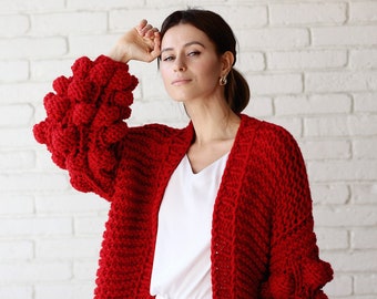 Red Cardigan Wool Coat Women Red Bomber Jacket Women Cardigan Red Jacket