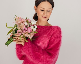 Maglione rosa da donna Coprispalle da sposa Maglione in mohair Avvolgente da sposa Giacca in mohair rosa Maglione da sposa Mohair Top da sposa Giacca da sposa